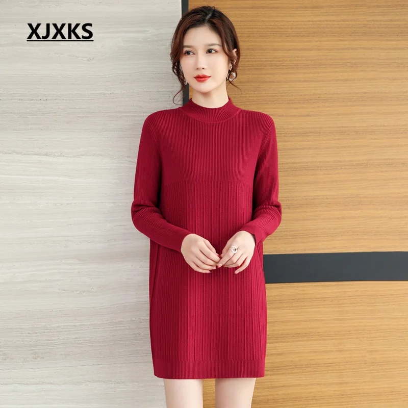 

XJXKS 2022 Autumn And Winter New High-quality Comfortable Wool Knitted Long Sweater Women's Vestidos Solid Color Casual Dress