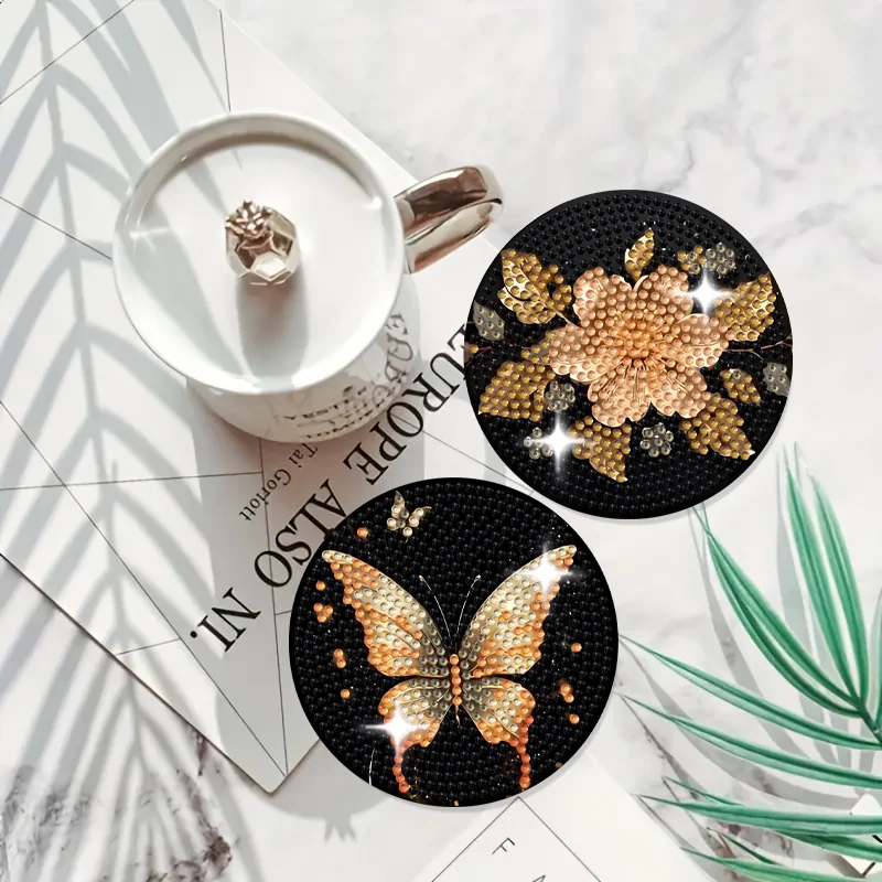A set of 8-piece butterfly and flower element combination pattern diamond painting DIY coaster set 4
