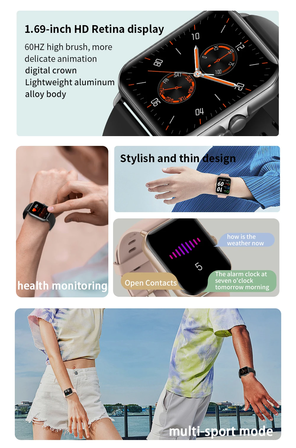 2022 New Women Smart Watch 1.69 Inch Full Touch Screen Bluetooth Call Sports Fitness Bracelet IP67 Waterproof Men Wristband L21