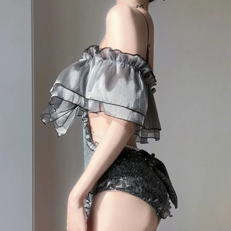 Summer New Sleeveless Sling Slimming Hollow Out Backless Spliced Ruffles Silvery Pure Desire Gather Up the Small Chest Swimwears