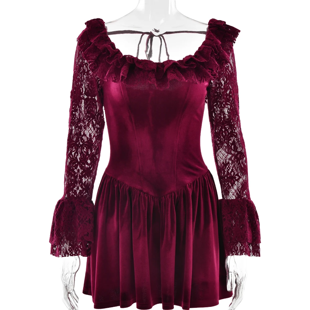 JULISSA MO Patchwork Flare Sleeve Lace Women Mini Dress Sexy See Through High Waist Dress Female Winter New Elegant Party Outfit