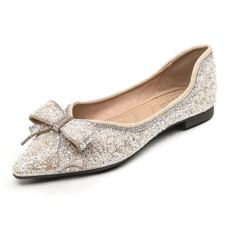 Rhinestone Beading Bowknot flat shoes woman pointed toe bling crystal wedding shoes female ballet flats moccasins big size 43 6