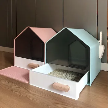 완전 밀폐형 고양이 쓰레기통 서랍 타입 집 모양 고양이 화장실, 물튀김 방지, 새끼 고양이 침대 팬, 애완 동물 모래 세면대 용품