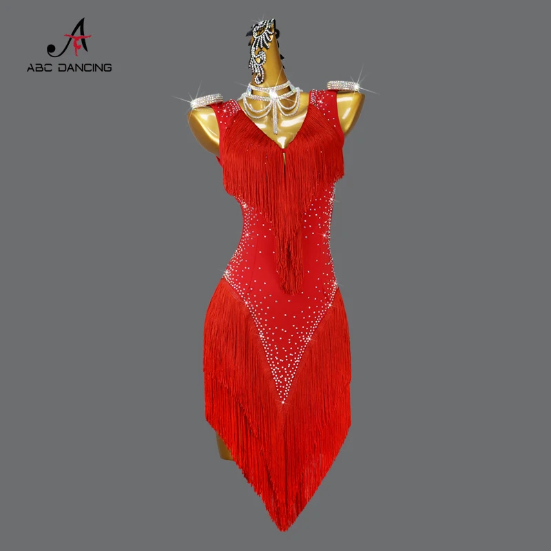 

Red Latin Dance Professional Fringe Clothes Adult Women's Ballroom Competition Dress Outdoor Sexy Skirt Customize Samba Cha-Cha