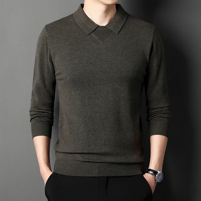 Spring and Autumn New Casual Sweater Men's Fashion Knitwear Polo Collar Solid Color Slim Bottoming Shirt