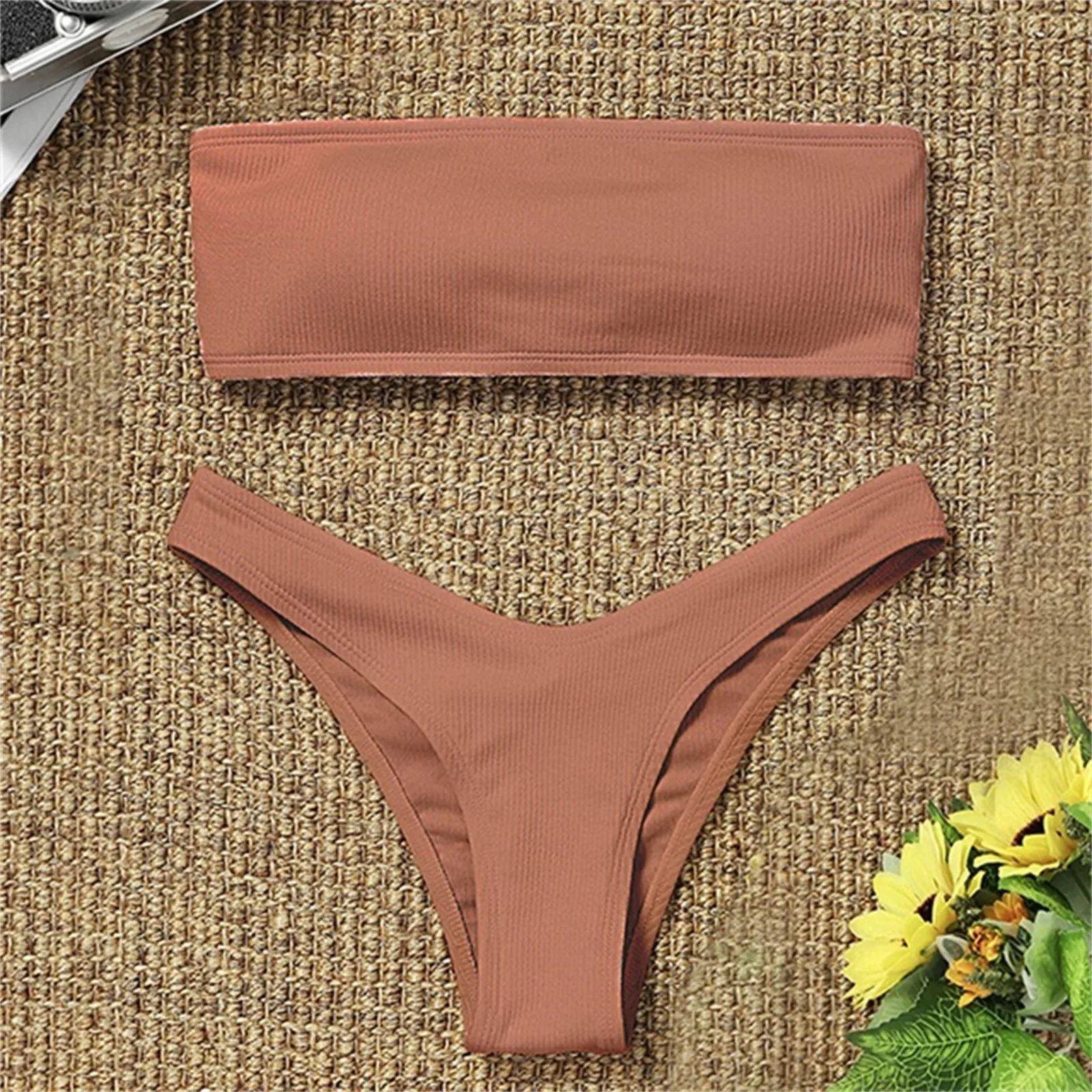 

Bandeau Bikini Set Women Swimwear Ribbed Solid Color String Bikinis Thong Swimsuit Strapless Beachwear Bathing Suit Biquini