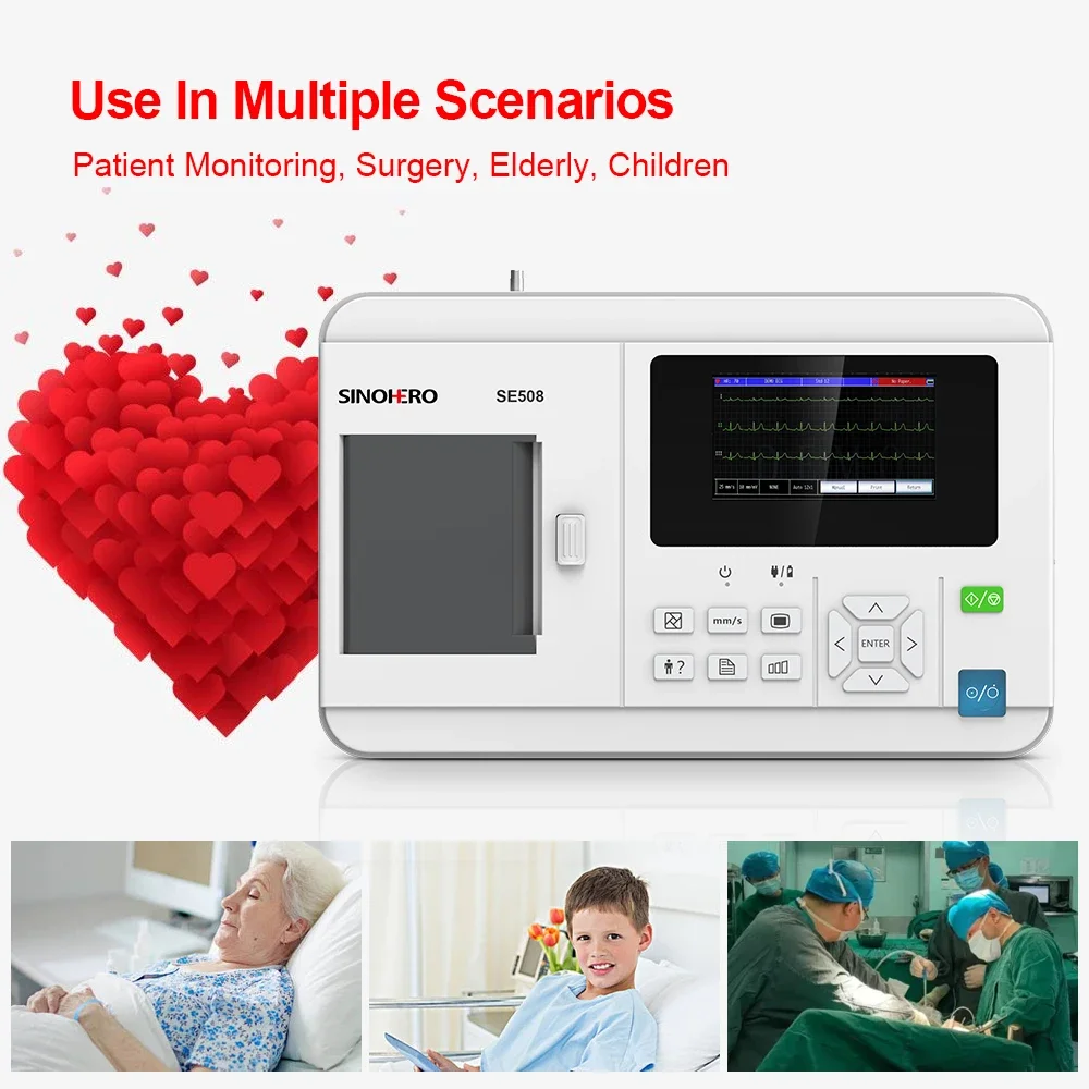 SE508 3 Channel 12-lead Electrocardiograph ECG Machine EKG Monitor 4.3'' Color LCD Display with Thermal Printing