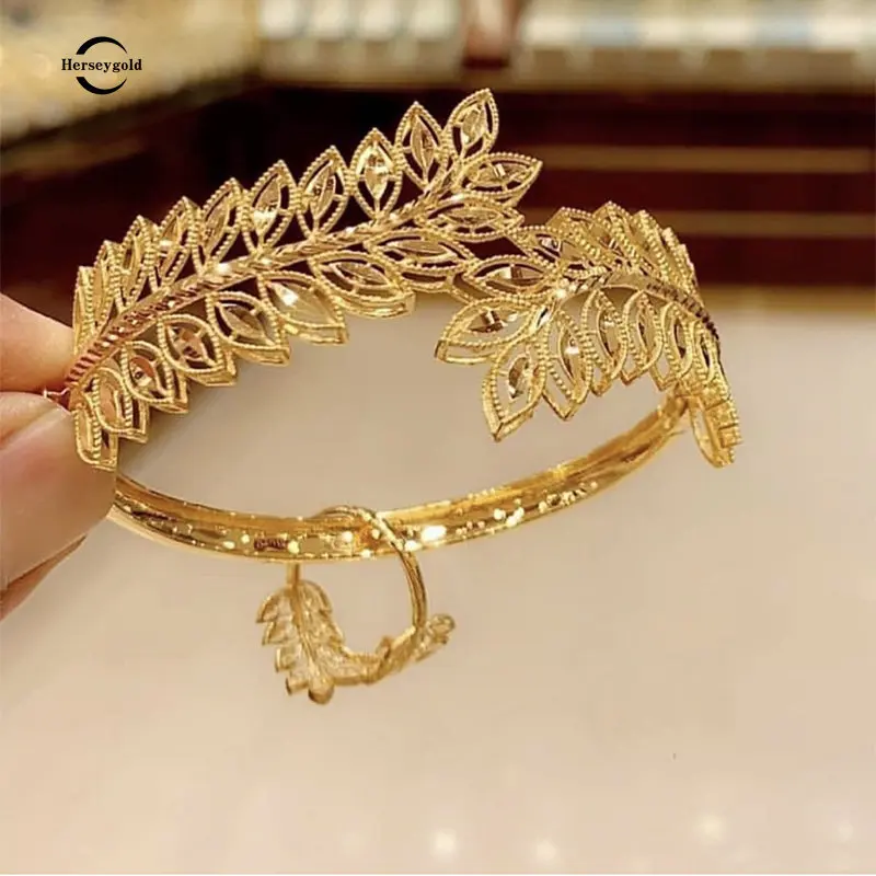 Chapeamento De Cobre Pulseira De Ouro Anel, Arábia Trendy Bangle, Folhas De Noiva Design Cuff Bracelet, Jóias De Luxo Árabe