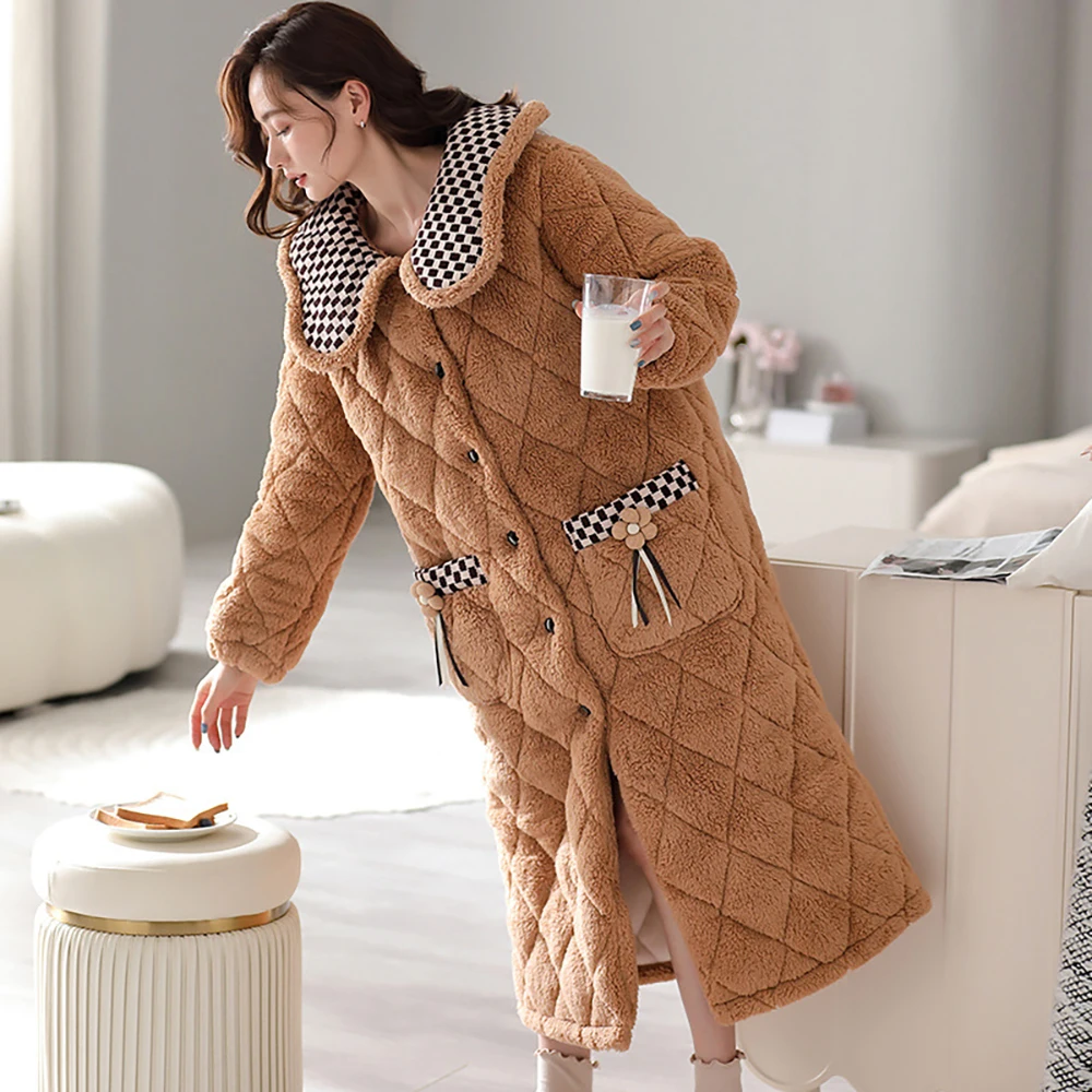 2023 New College Style Winter Super Thicken Flannel Night Dress Women Sleepwear for Sleeping Shower Robe Women's Plaid Bathrobe
