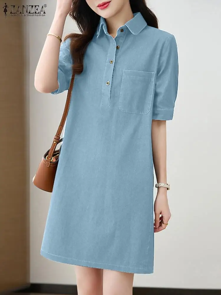 

ZANZEA Elegant Lapel Neck Dresses Korean Fashion Denim Dress Short Sleeve OL Work Sundress Woman Casual Party Vestidos Oversized