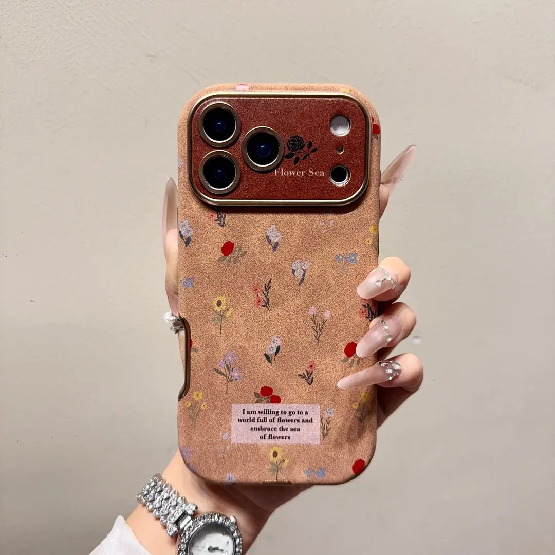 Kleine florale Handyhülle im Retro-Stil für iPhone 17, 16, 15, 14, 13, 12, Pro Max, Vintage-braunes Leder, bunte Blumen, stoßfeste Abdeckung – Detail 3