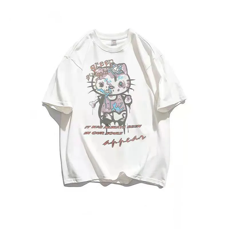thumbnail image 1 of Hello Kitty-Camiseta de algodón de manga corta con estampado divertido para niña, Top holgado de media manga con personalidad, novedad de verano, 1 of 4