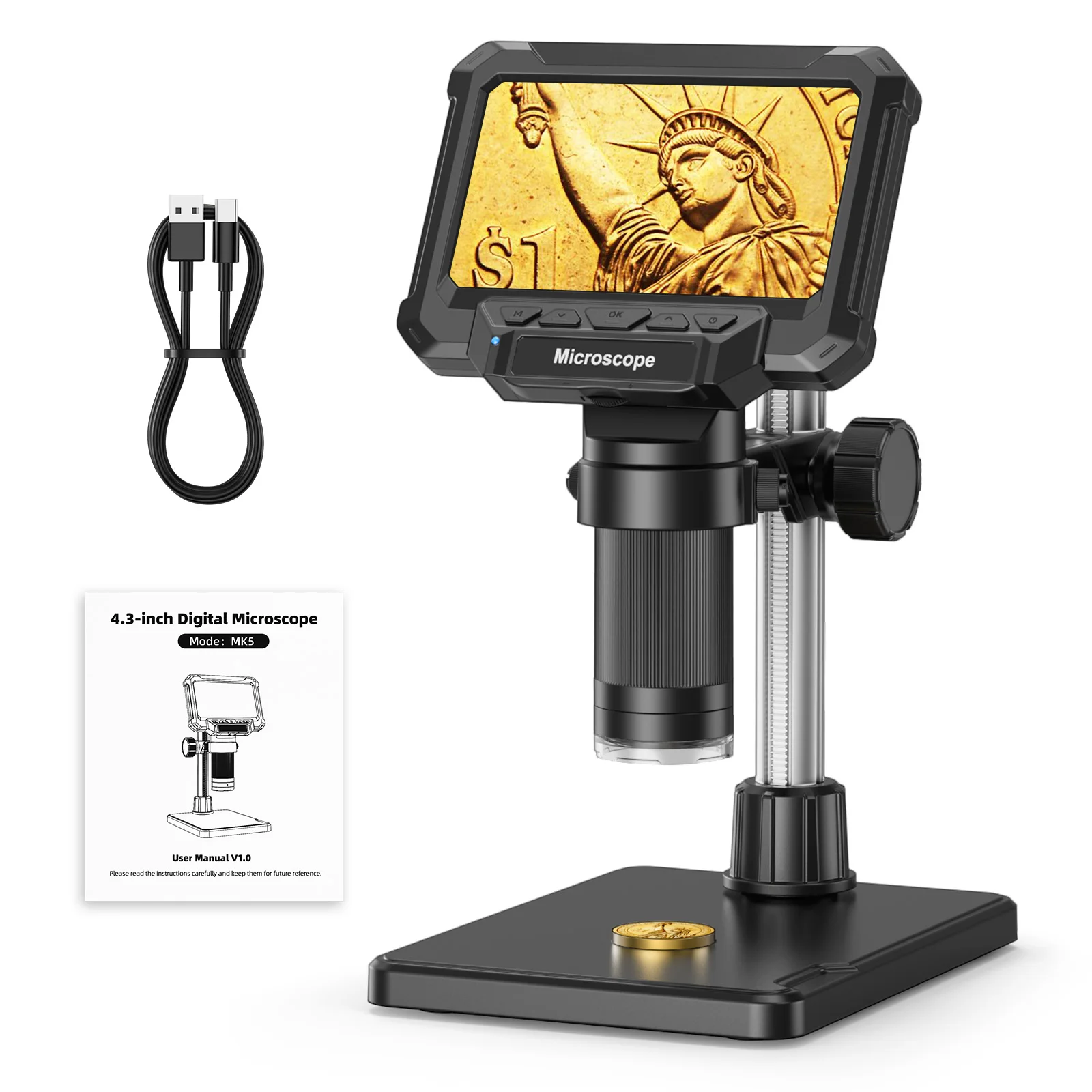 Digital Microscope with 4.3inch IPS Screen 1600X Coin Mirroscope with Lights 1920P HD Video Microscope for PCB, Coins, Plants