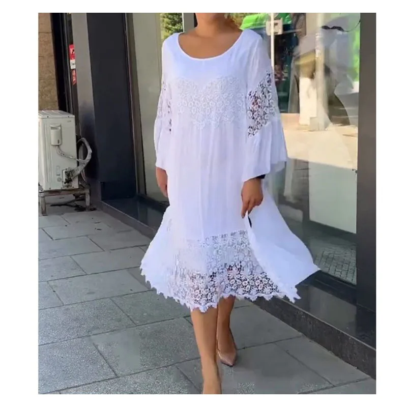 

Pure White Dress Ladies New High-end Lace Lace Dress Casual Vacation Loose White Dress Chic Hollow Out Beach Dress Spring Summer