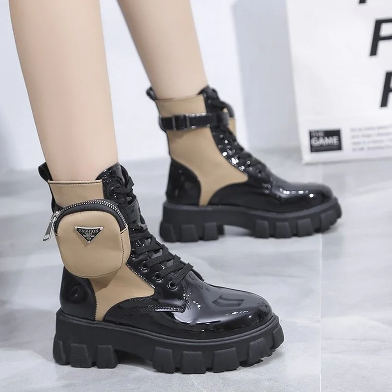 Women's Punk Style Front Zipper Wedges Platform Biker Ankle Boots Shoes