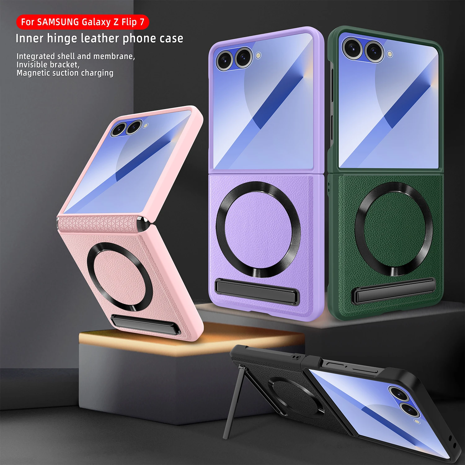 Magnetic Wireless Charging Kickstand Phone Case with Hinge Protection and Leather Cover