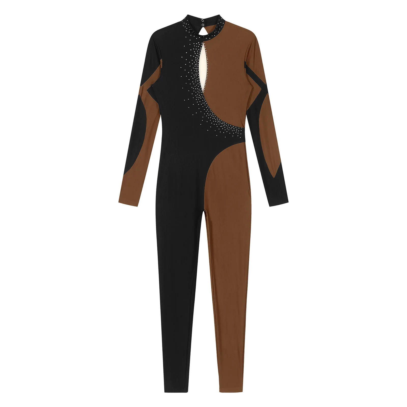 Womens Shiny Rhinestone Ballet Leotard Figure Ice Skating Gymnastic Bodysuit Keyhole Back Long Sleeve Mock Neck Jumpsuit