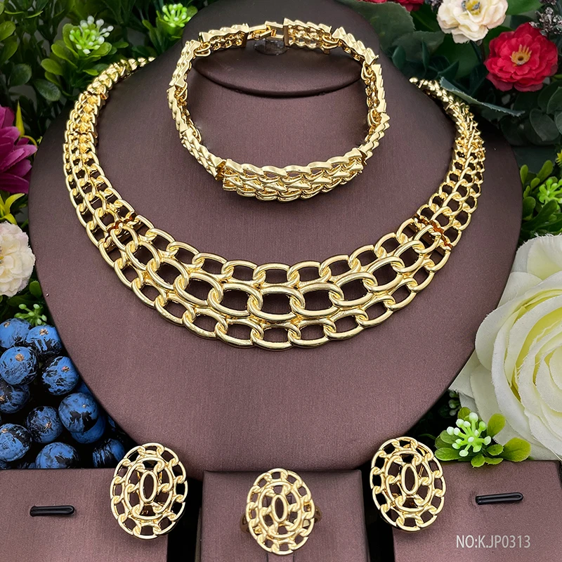 

African Gold Color Jewelry Sets For Woman Daily Wear Gold Plated Fine Jewelry 4 Pcs Set For Wedding Party