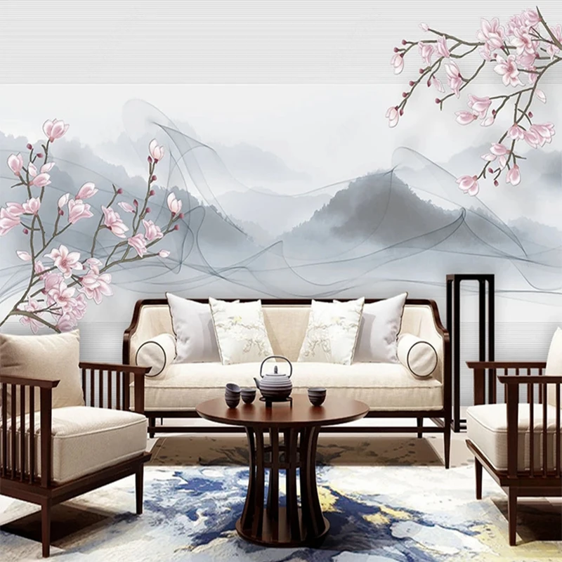 Chinese Ink Pianting Flores Ramos Papel de Parede Paisagem Custom 3d Photo Sala tv Fundo Mural de Parede Home Decor