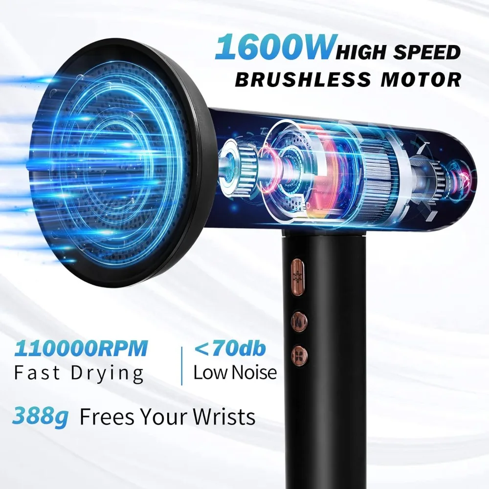Ionic Hair Dryer Professional Blow Dryer With 3 Attachments 110000RPM High-Speed Brushless Motor For Fast Drying