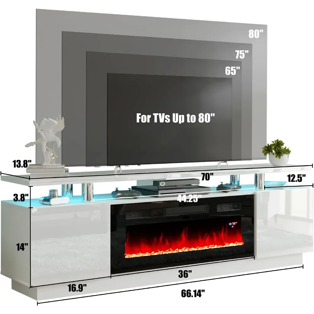 Fireplace TV Stand with Fireplace, Modern High Gloss Fireplace Entertainment Center LED Lights, 2 Tier TV Console Cabinet 6