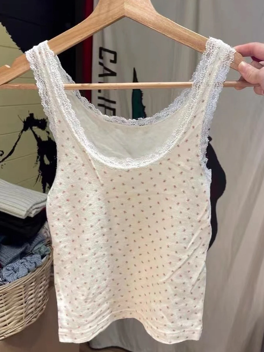 

Майка женская хлопковая с цветочным принтом, Модный мягкий Повседневный жилет без рукавов, с кружевной отделкой, милый шикарный, Y2K, на лето