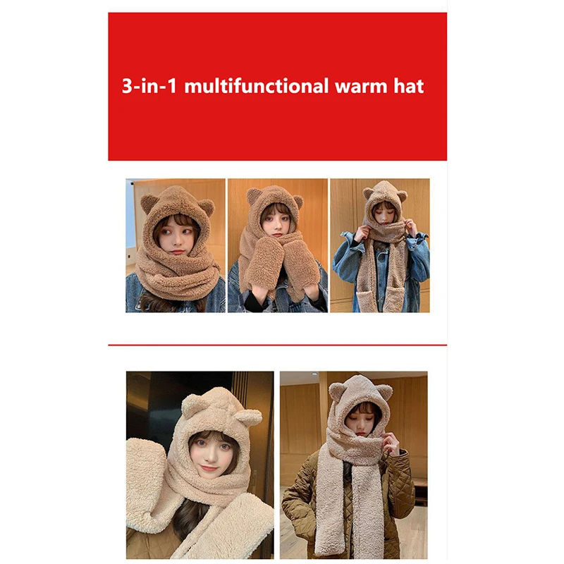 Windproof winter hat cute bear ear hat scarf gloves set for women