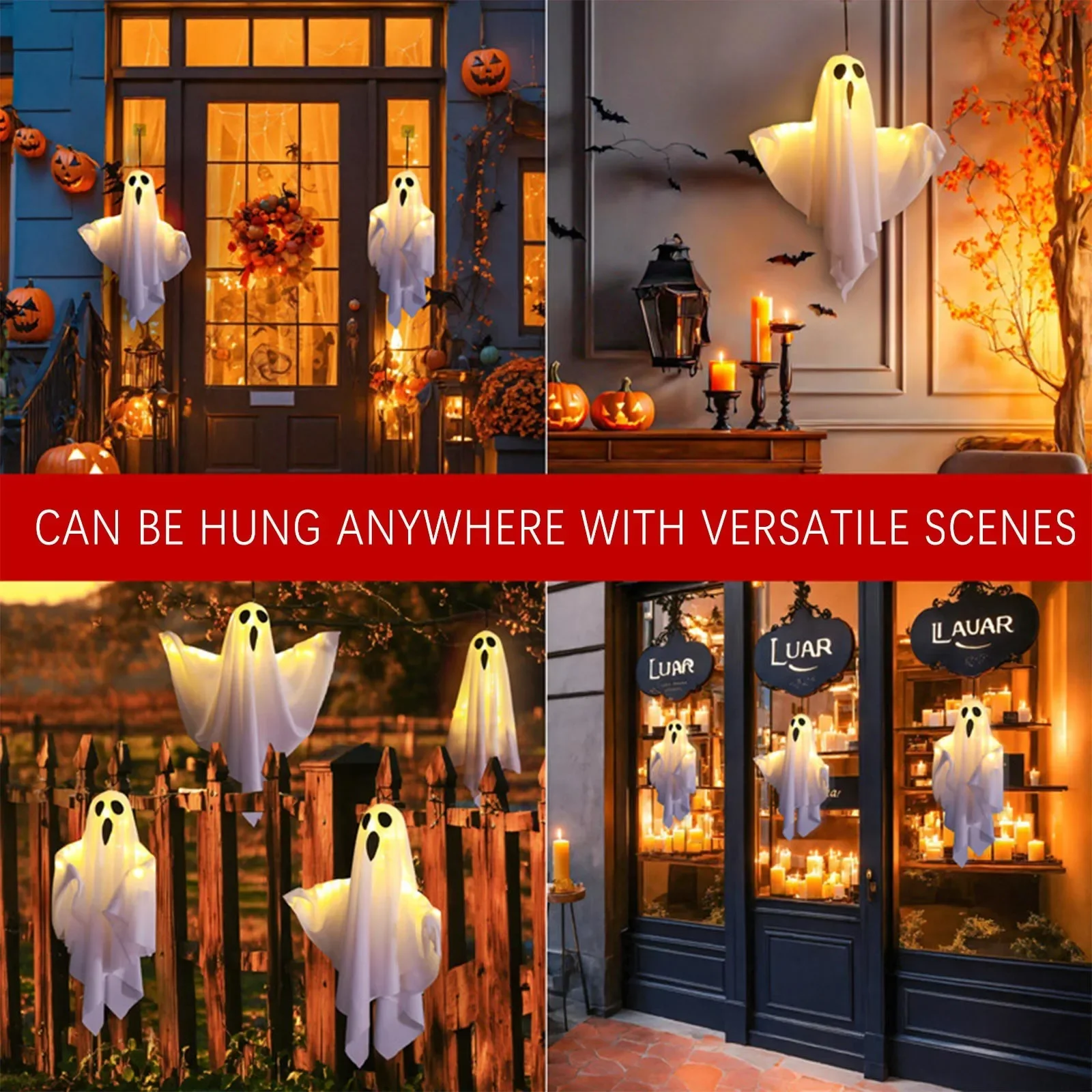 Halloween Light-Up Hanging Ghost Decoration - Spooky White Ornament for Trees, Windows, and Walls (50x40cm)