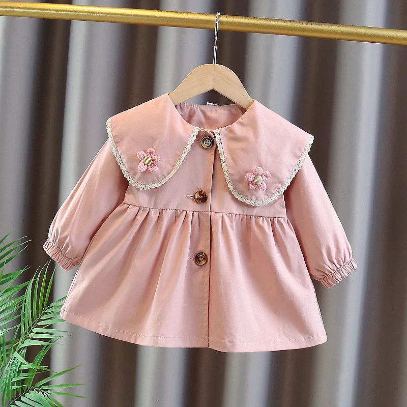 Girl Embroidered 3D Lace Flip Collar Navy Collar Waist Windbreaker Children Windbreaker Coat Autumn