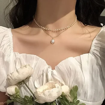 2025 New Women's Pearl Necklace Kpop Gold Color Beads Pendant Necklaces Goth Double Layer Chain Choker for Women Fashion Jewelry 6