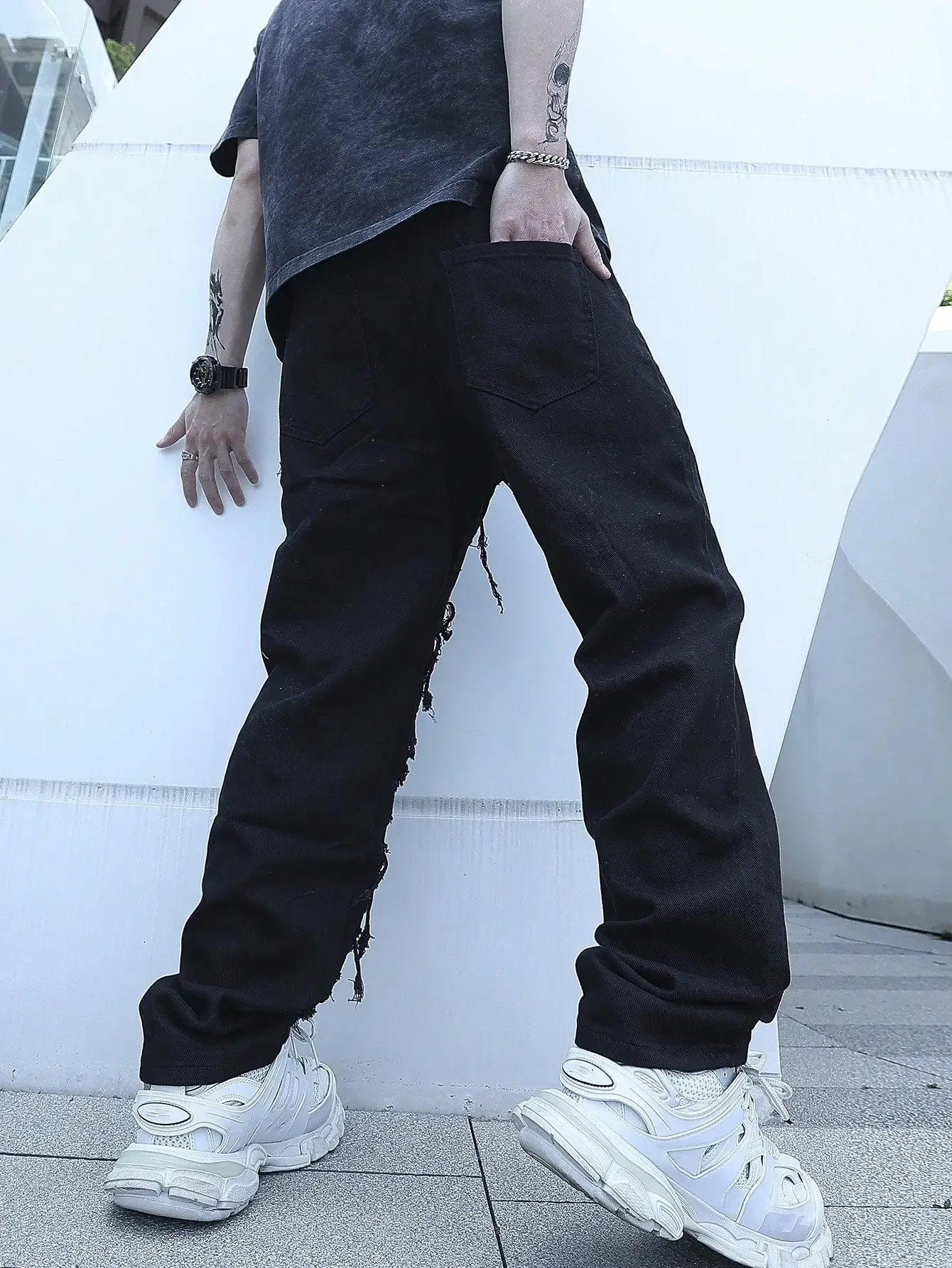 Men’s Stretchy Lightning Baggy Jeans For Men Cracked Streetwear Holes Ripped Patchwork Denim Casual Pants Slim Skinny Trousers