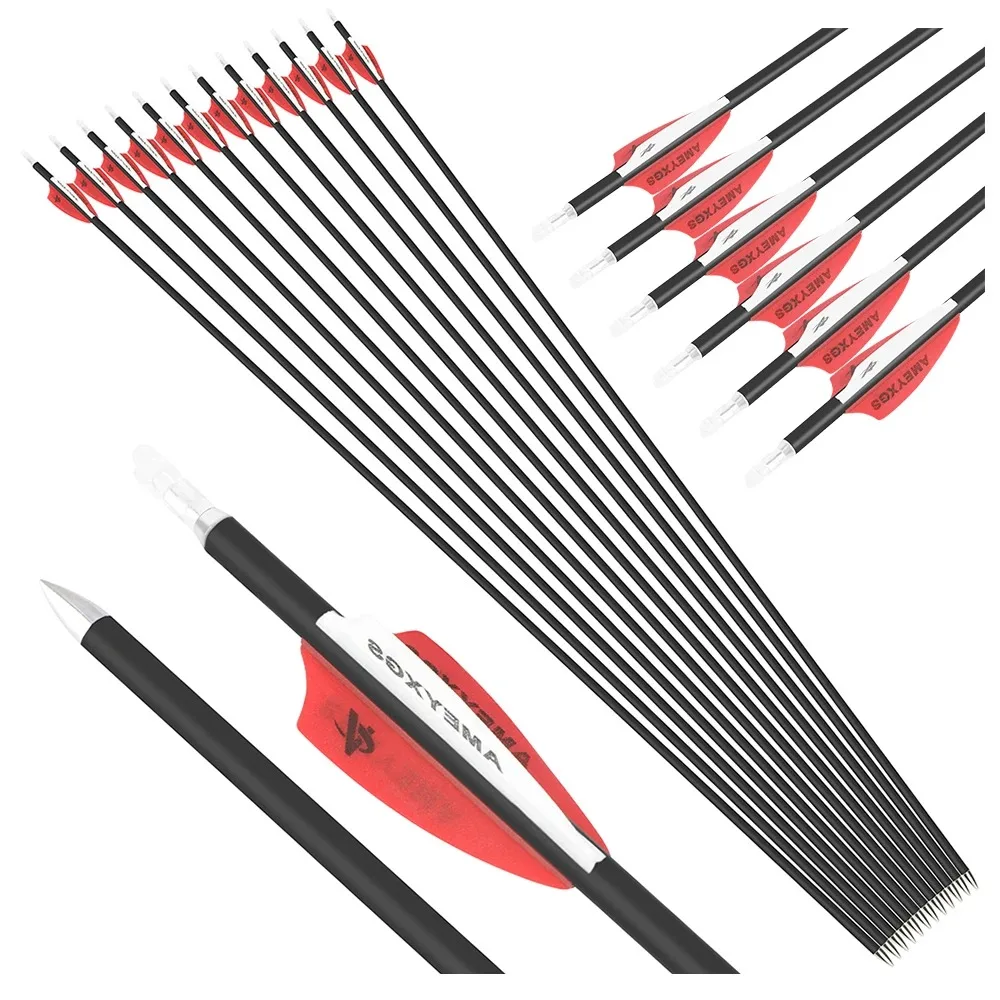 Archery 12pcs Mixed Carbon Arrows Spine 1000 32" Shaft ID 4.2mm OD 6mm 62Grain Points 2" Vanes for Compound Recurve Bow Hunting Shooting Target Sports
