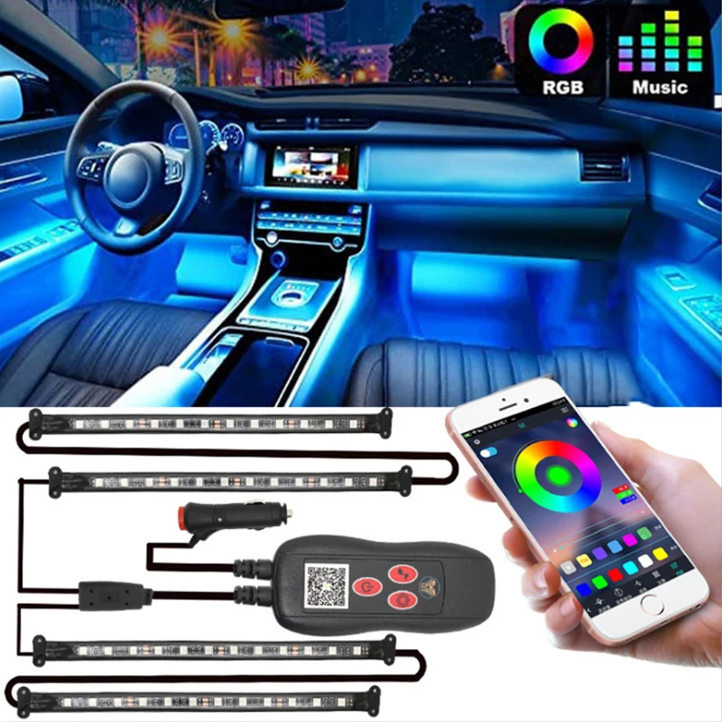 

12 LED Atmosphere Ambient Lighting Car Install Foot Car Interior Lamp RGB Neon Lights with Sound Remote App Control Deco Lamps