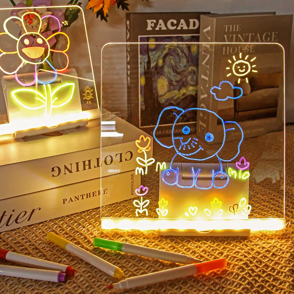 LED 빛나는 드로잉 보드 어린이 라이트 업 낙서 그림 패드 아크릴 메시지 보드 형광 다채로운 펜 룸 장식