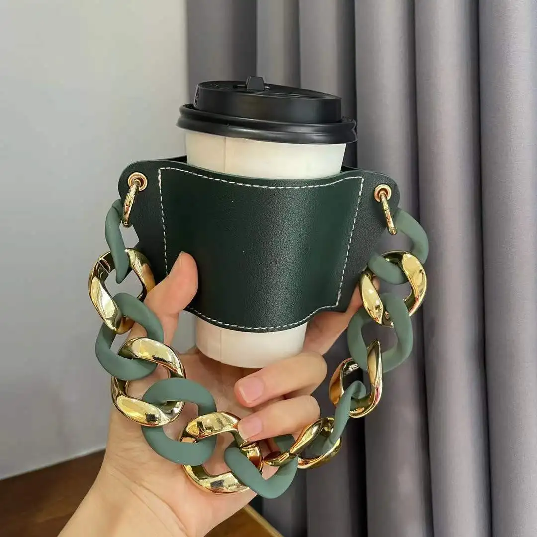 Nieuwe Kleur Alternate Acryl Armband Melk Thee Lederen Cup Set Draagbare Hot Water Cup Leather Case Draagbare Opslag Set Sleutelhanger