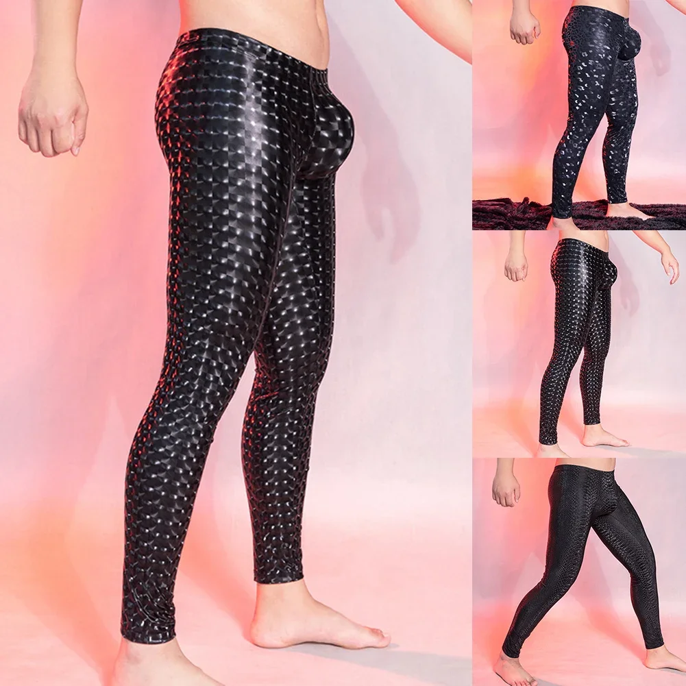 Sexy Men Pants Elastic Oil Shiny Leopard Tight Pants Shaping Lingeries Pajama Trousers U Convex Pouch Temptation Leggings