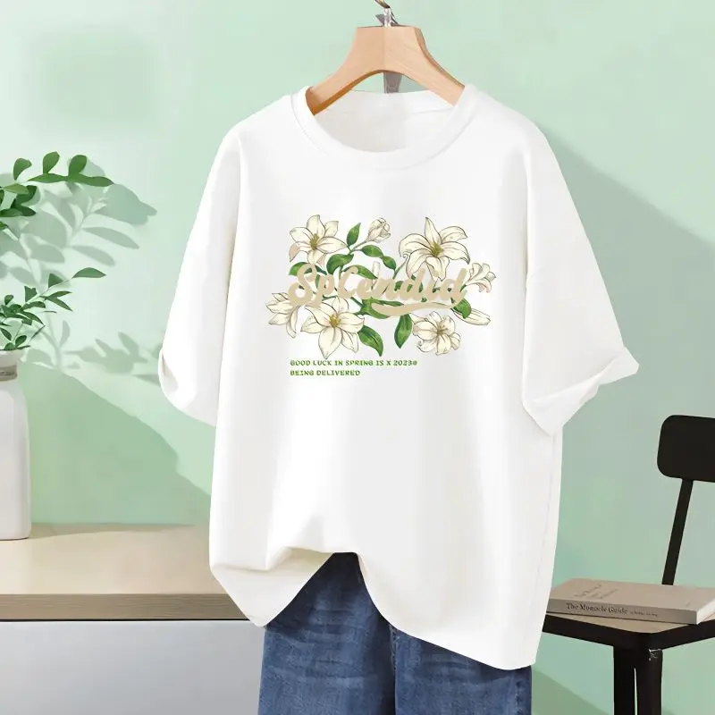 

Women's Elegant Flowers Printed Crew Neck Pullover Summer Loose Casual All Cotton Short Sleeve Top Tee Lady Basics T-shirt M-6xl