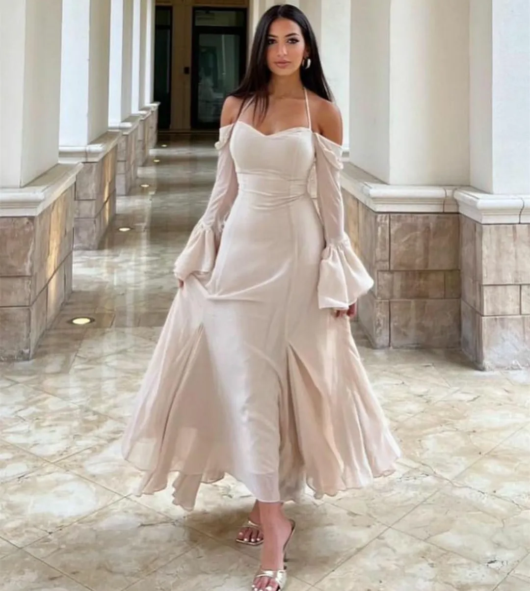 

Elegant Short Chiffon Sweetheart Evening Desses With Sleeves Mermaid Ruffled Ankle Length Zipper Back Prom Dresses for Women