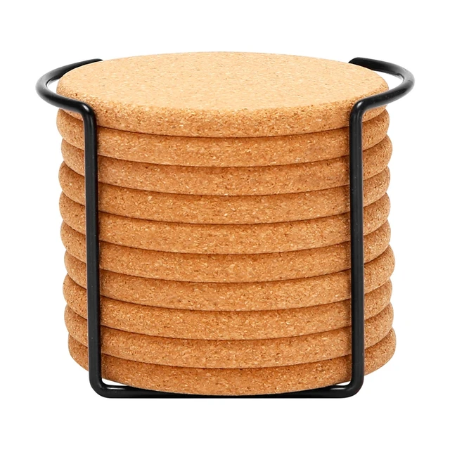 Round Cork Coasters For Drinks,With Metal Holder Storage Caddy