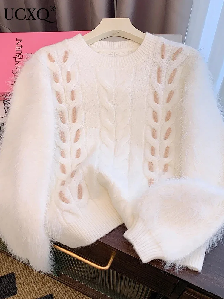 

UCXQ White Soft Mink Cashmere Sweater For Women Long Sleeve Design Long Sleeve Pullovers Knit Top 2023 Autumn Winter New 23A5859