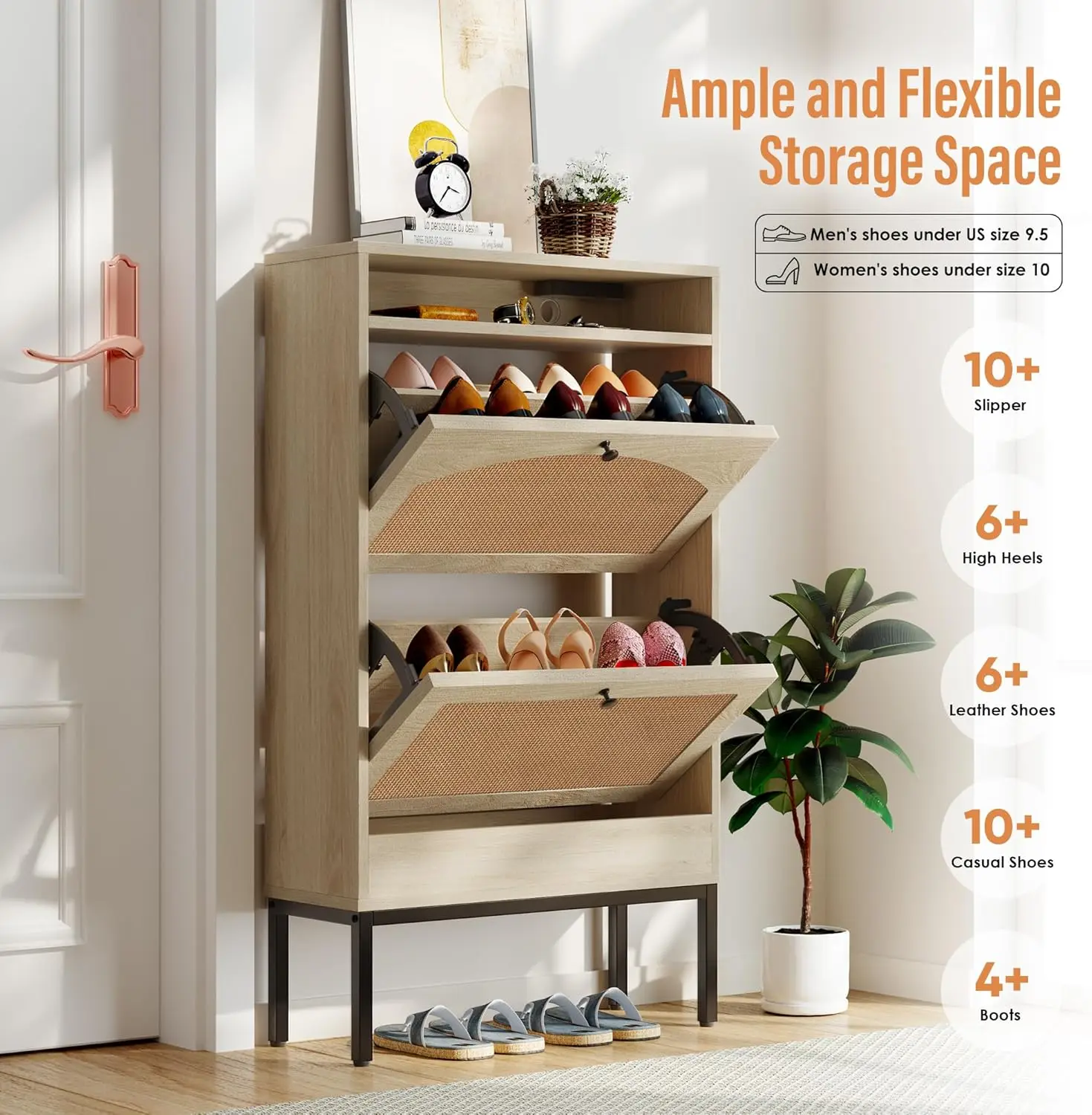 Shoe Cabinet, Shoe Storage Cabinet with 2 Flip Drawers, Slim Shoe Storage Rack with Charging Station for Entryway Hallway Living 3