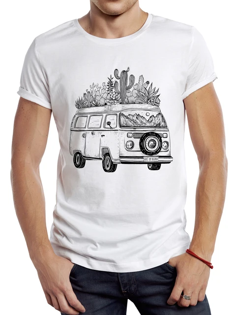 TEEHUB Vintage Mountain Men T Shirt Casual Camper Bus Male Tops Hipster Retro Camping Van Printed Tee_voghion.com