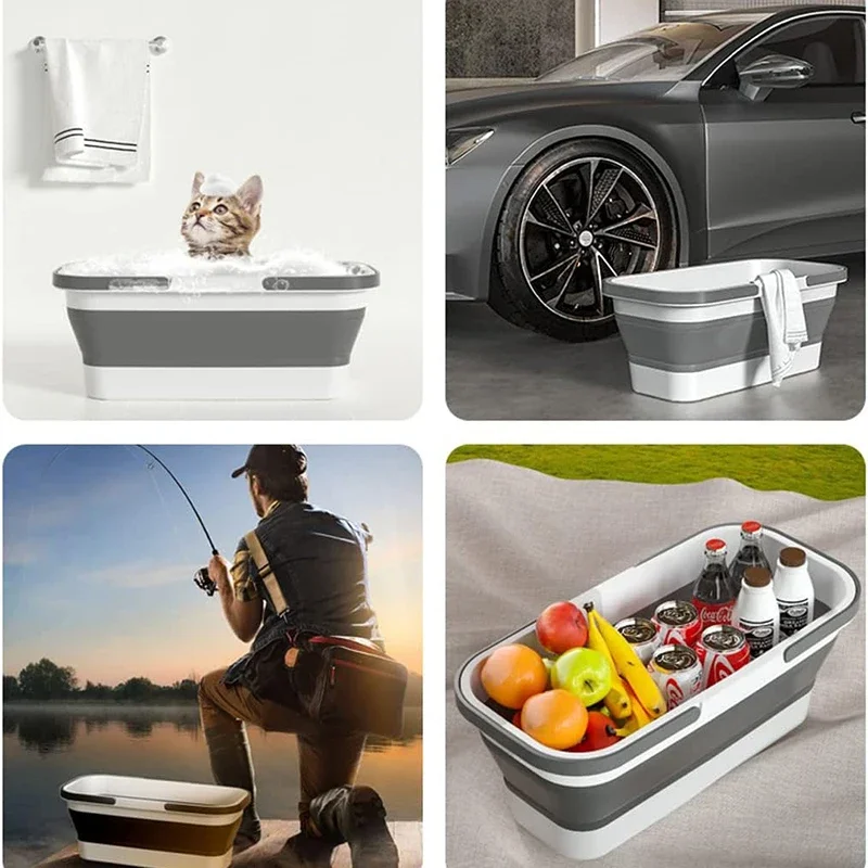 WIKHOSTAR Large Collapsible Plastic Bucket Foldable Mop Bucket Laundry Basket with Handle for House Cleaning Rectangular Basket folding storage bucket