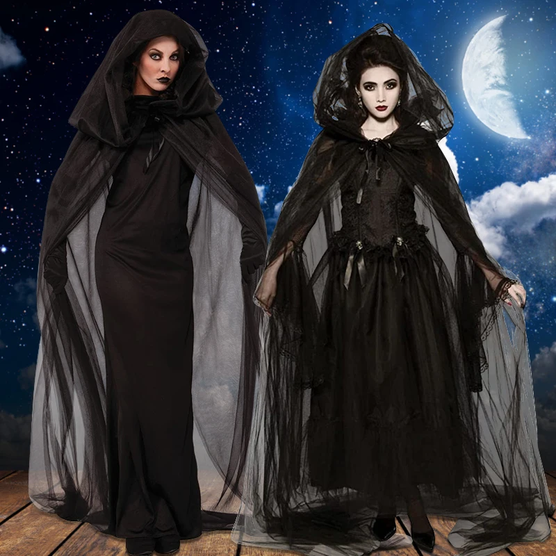 

Halloween Cosplay Costume Women Death Hell Witch Devil Vampire Uniform Black Long Dress Party Day of The Dead Opera Costume