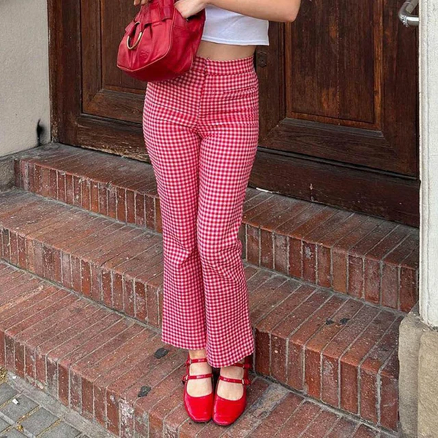 Ropa Pantalon Rojo Cuadros Mujer Pantalones De Chándal Retro A