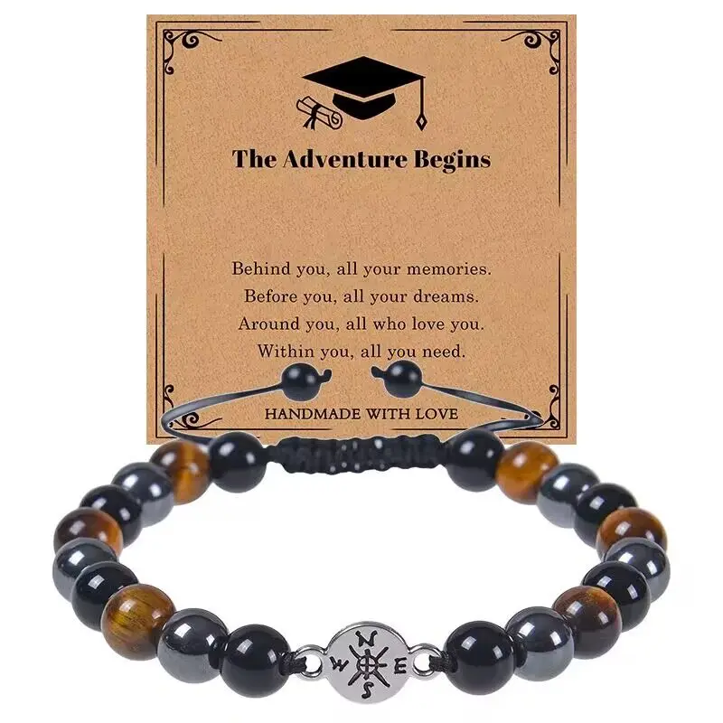 

New Creative Natural Stone Compass Bracelet Tiger Eye Stone Black Magnet Beaded Weaving Bracelet Graduation Gift Jewelry