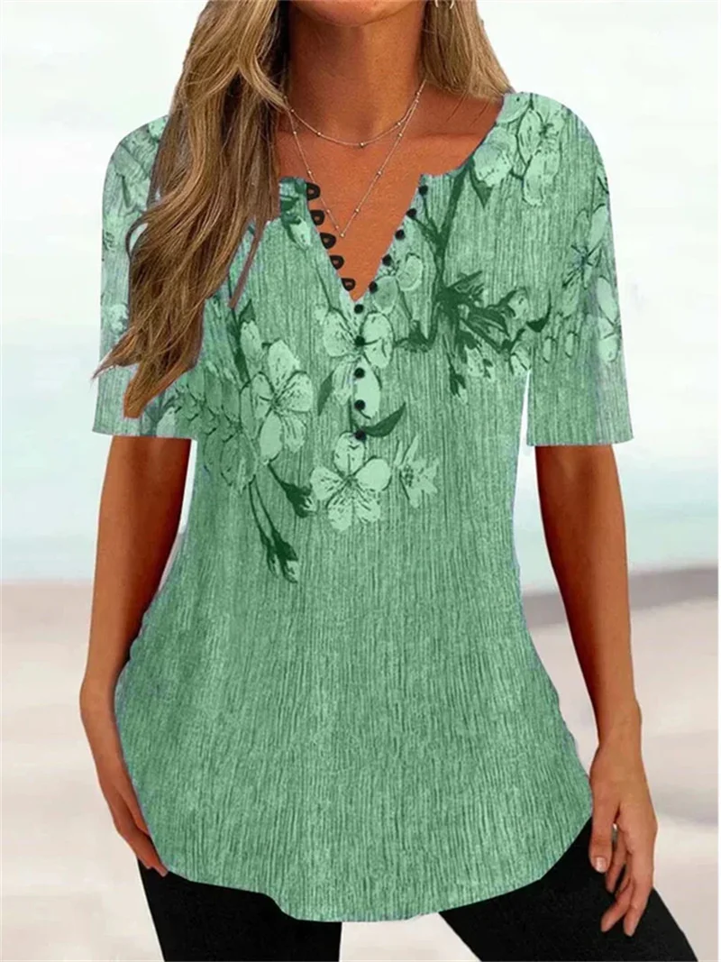 Elegant Summer Button Splicing V Neck Pullover Shirt Female Casual Commuter Blouse Women's Short Sleeve Pleated Loose Tops 2023