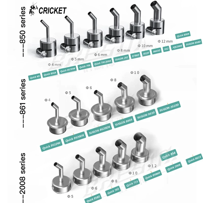 CRICKET 861DW 2008 4 5 6 8 10 12mm Angled Hot Air Gun Nozzle Is Compatible with Quick Hot Air Gun Direct Blow Nozzle Accessories