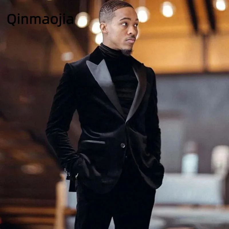 

Модные черные бархатные костюмы для мужчин, облегающий комплект из 2 предметов, формальные африканские жениха, свадебный смокинг с заостренным лацканом, повседневный