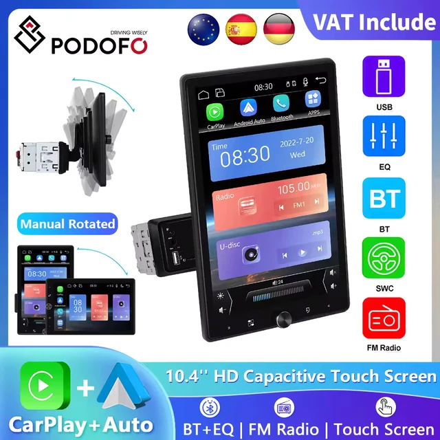 Podofo 10.4 ''HD 1Din lecteur MP5 Carplay Android Auto lecteur multimédia voiture stéréo miroir lien Bluetooth voiture Audio Bluetooth FM 1